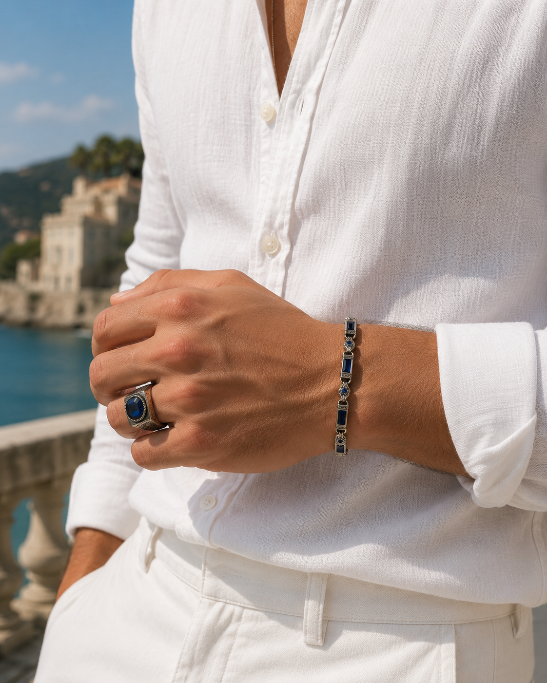 925 Sterling Silver Men's Ring with Blue Stone