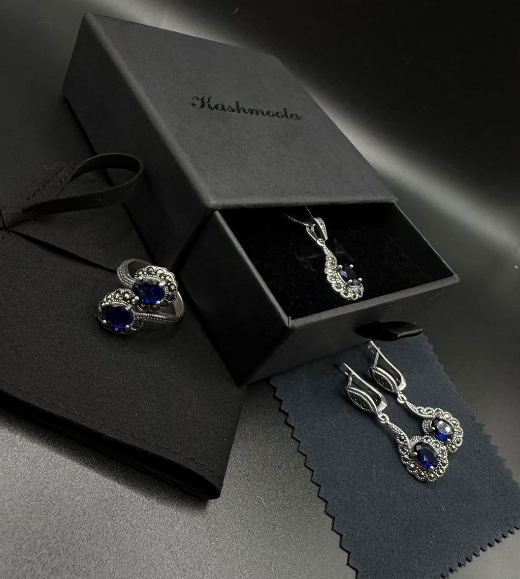 Vintage-Inspired Blue Stone 925 Sterling Silver Jewelry Set