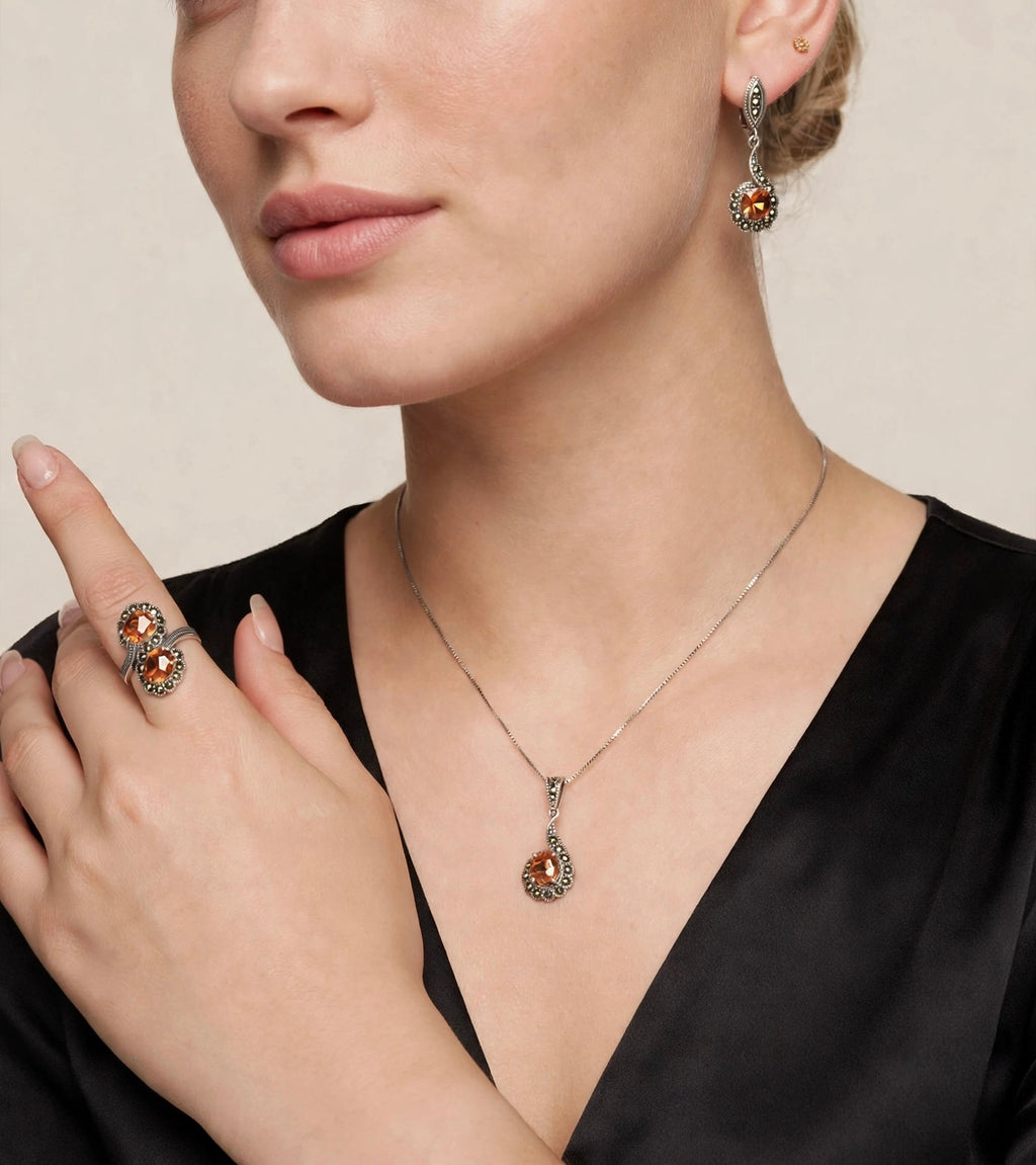 Vintage-Inspired Amber 925 Sterling Silver Jewelry Set