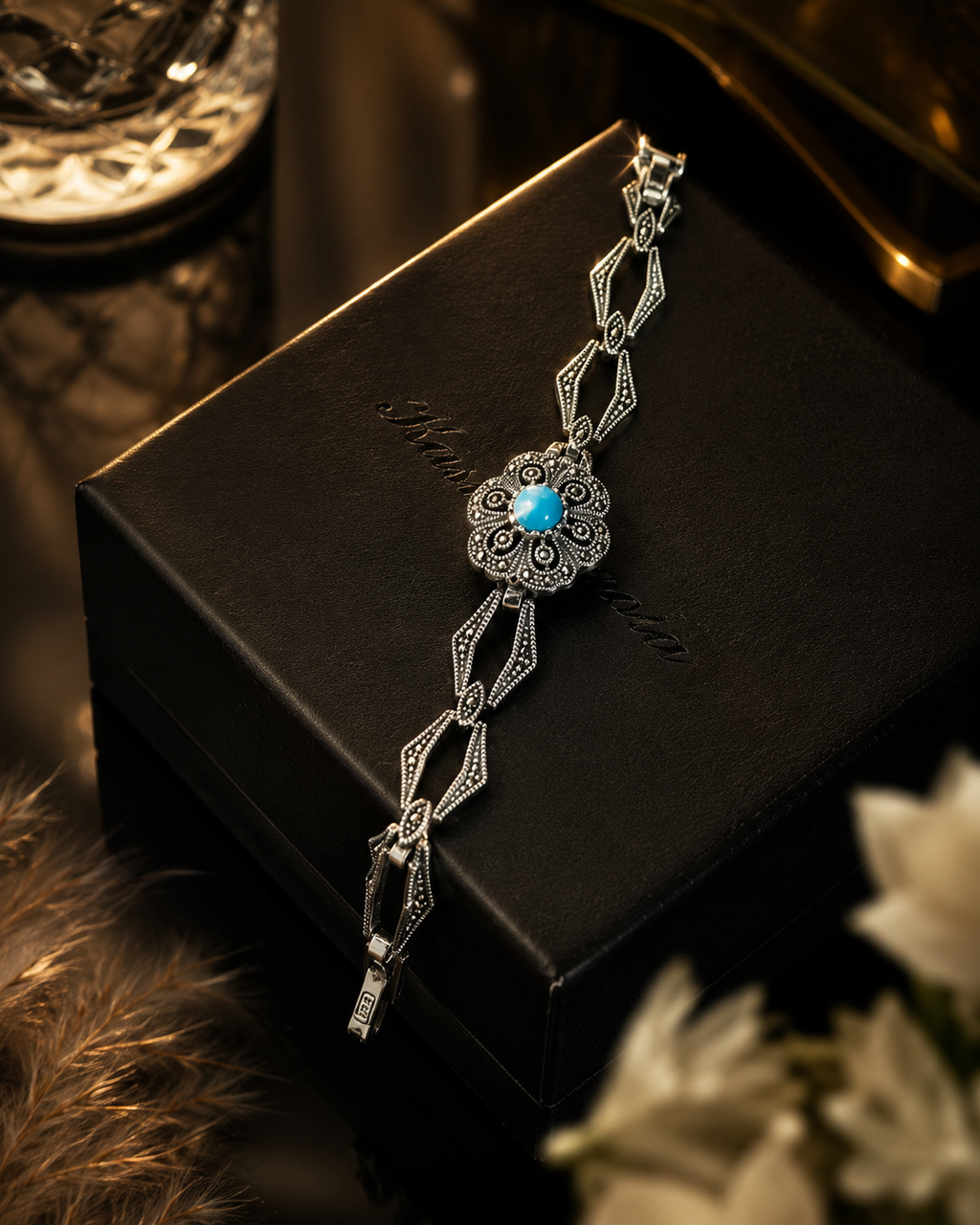 925 Sterling Silver Floral Bracelet with Blue Stone