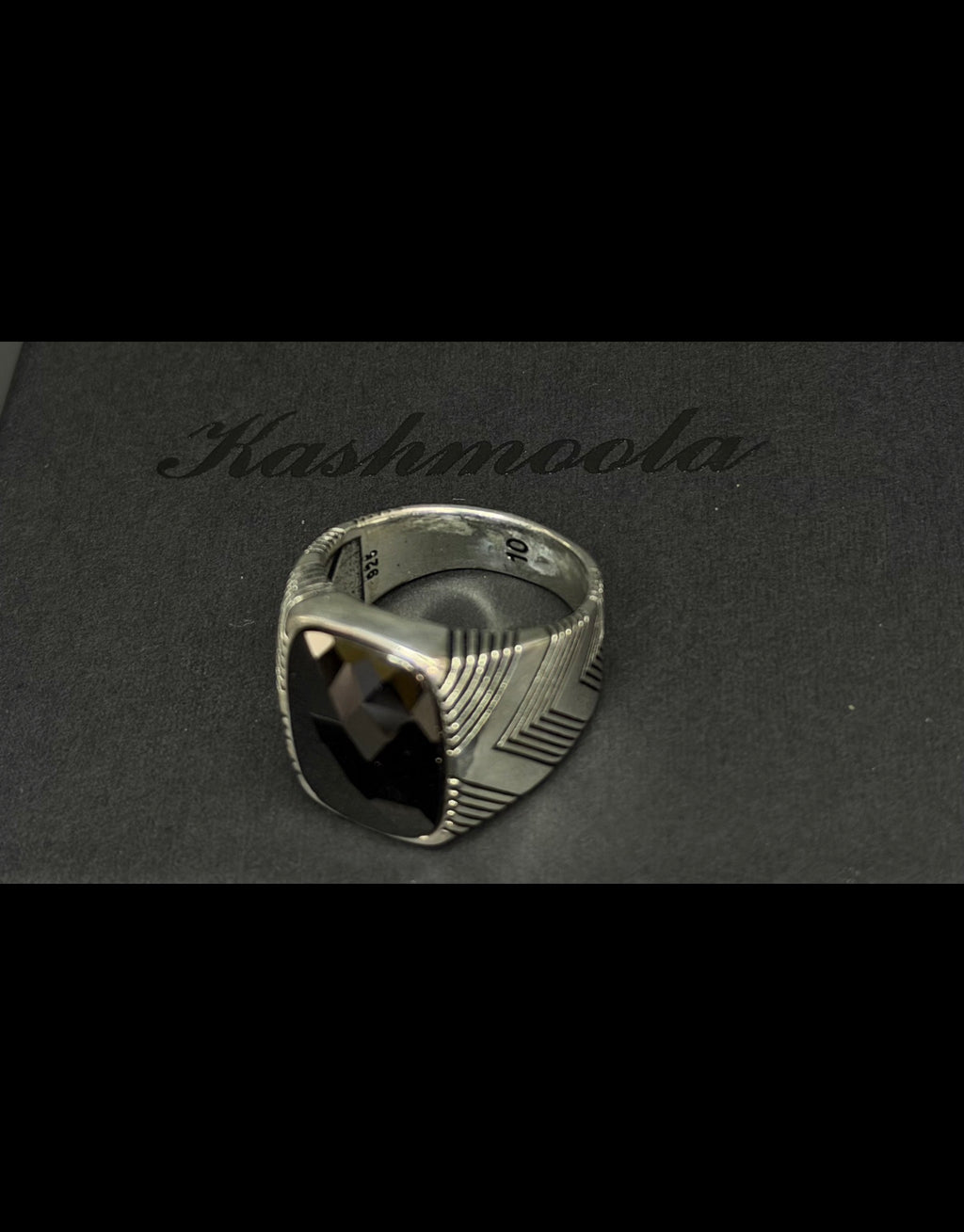 925 Sterling Silver Men's Ring with Black Faceted Stone, Geometric Engraved Design, US Size 10