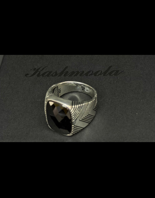 925 Sterling Silver Men's Ring with Black Faceted Stone, Geometric Engraved Design, US Size 10