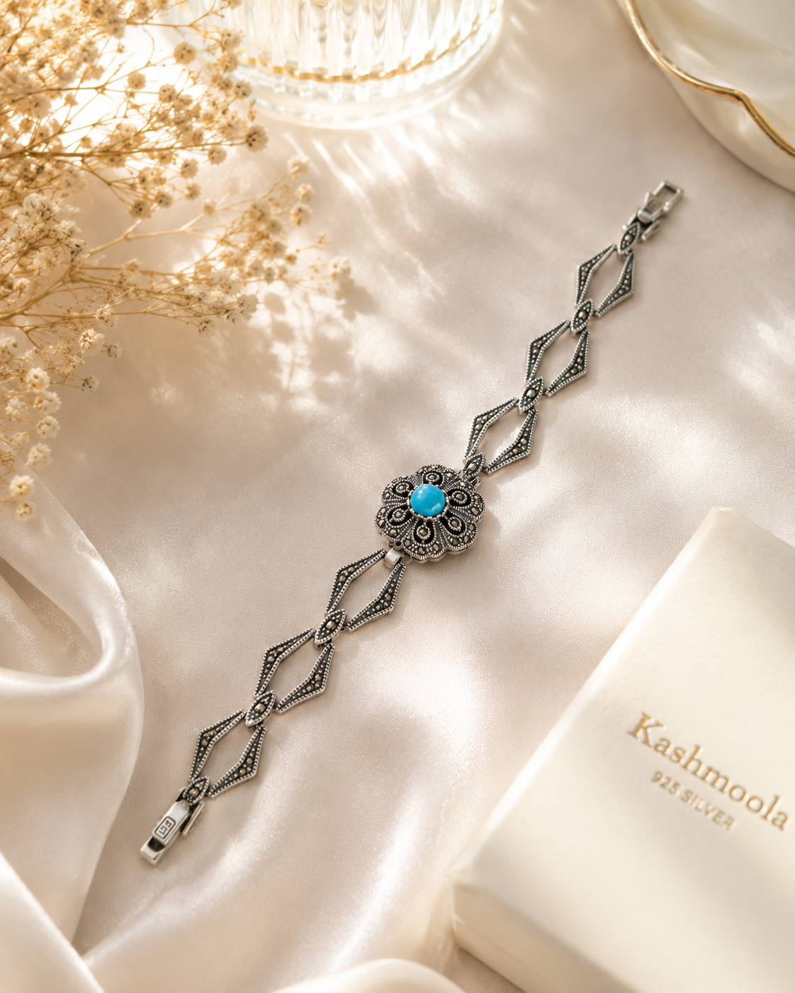 925 Sterling Silver Floral Bracelet with Blue Stone