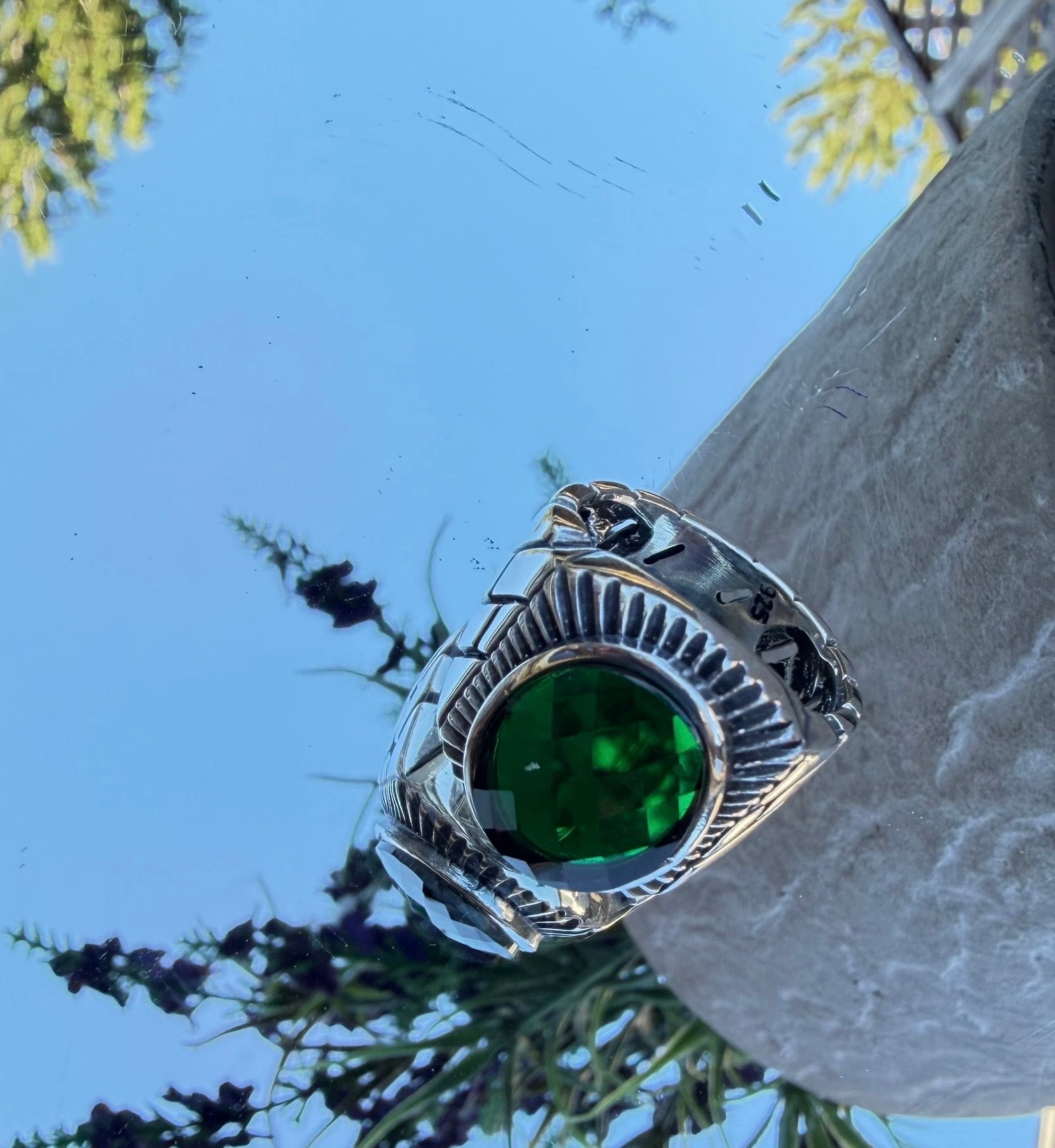 925 Sterling Silver Men's Ring with Green Synthetic Stone