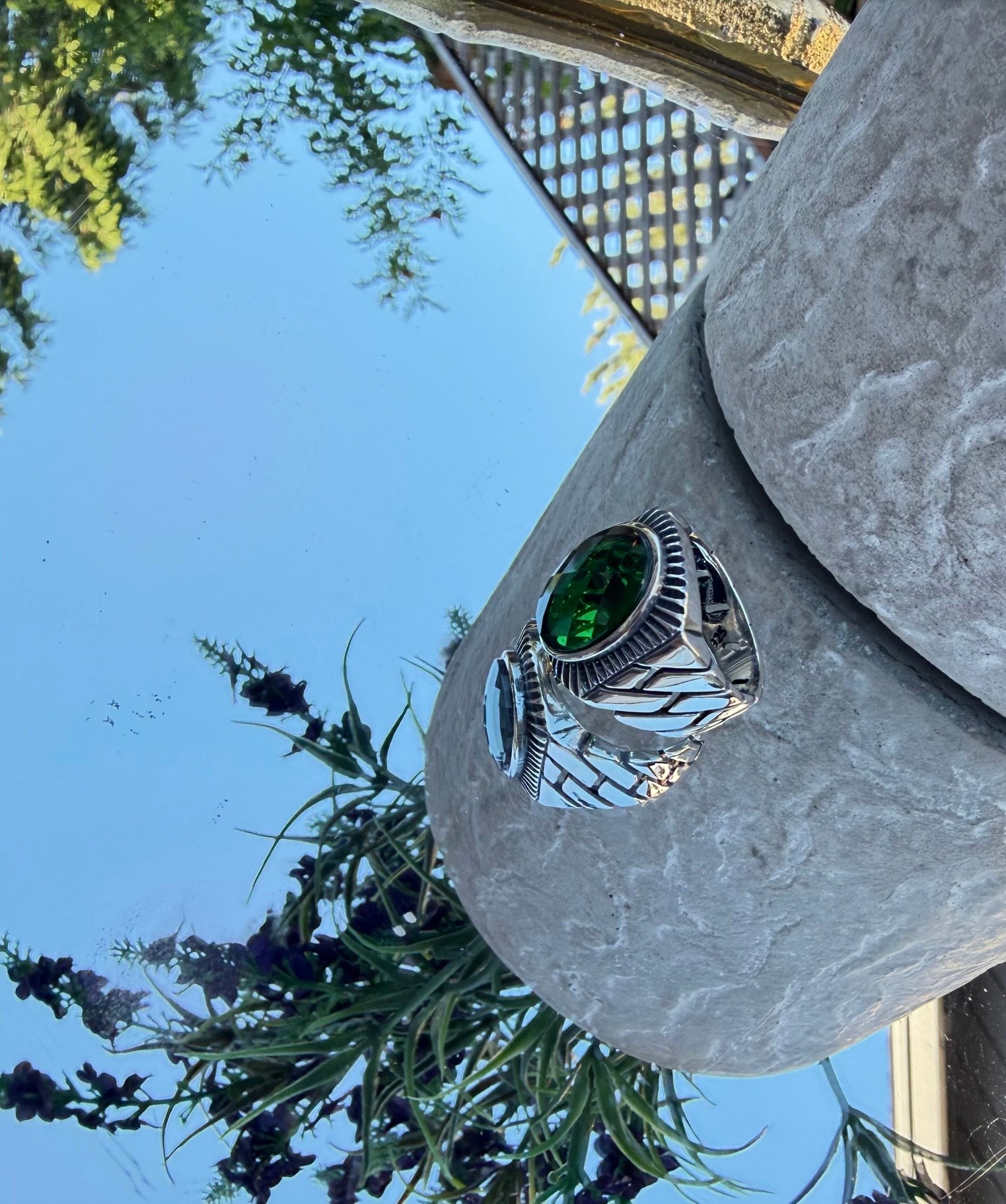 925 Sterling Silver Men's Ring with Green Synthetic Stone