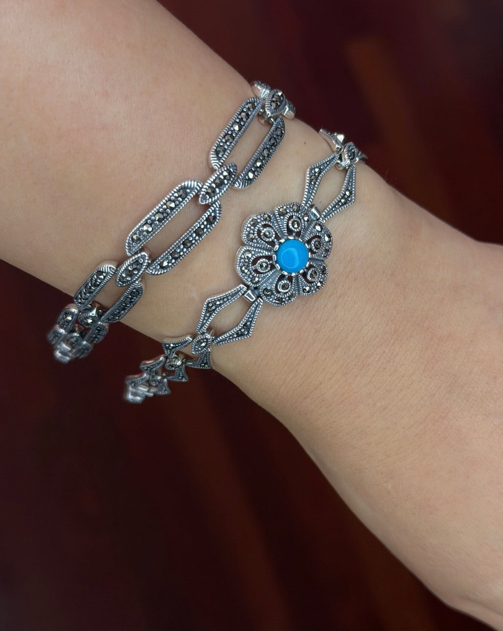 925 Sterling Silver Floral Bracelet with Blue Stone