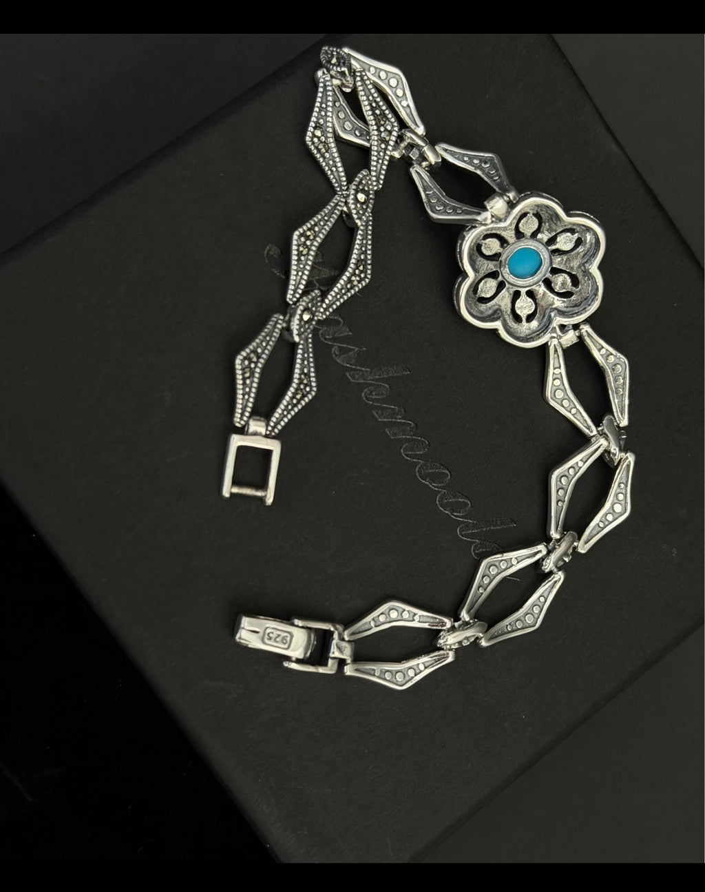 925 Sterling Silver Floral Bracelet with Blue Stone