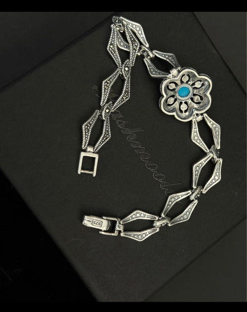 925 Sterling Silver Floral Bracelet with Blue Stone