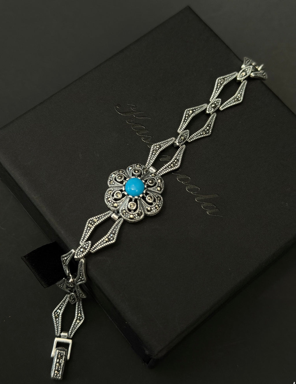 925 Sterling Silver Floral Bracelet with Blue Stone