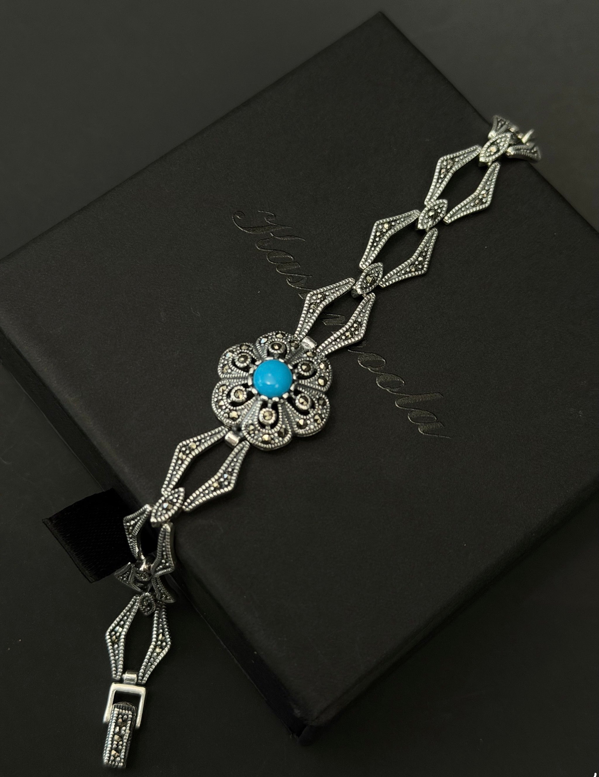 925 Sterling Silver Floral Bracelet with Blue Stone